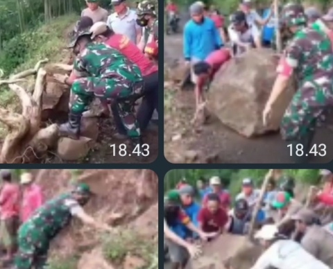 Sinergi Anggota TNI dengan Masyarakat Kecamatan Jatibanteng Bersihkan Bebatuan